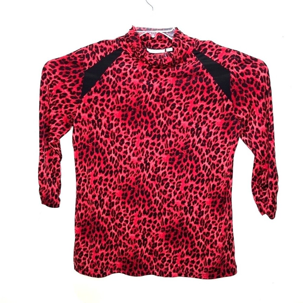 Susan Graver Medium 3/4 sleeve Top Red/ Black Leopard Print 33c